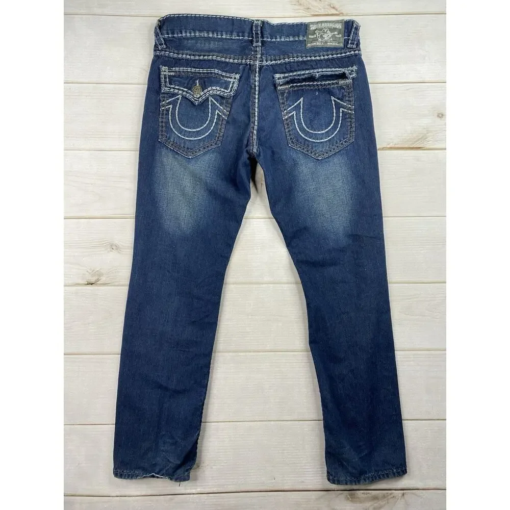 True Religion Billy Jeans 38 Dark Distressed Straight Contrast Embroidery USA